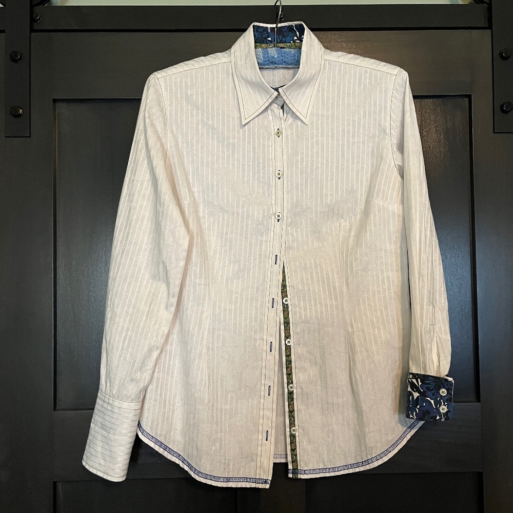 Georg Roth Los Angeles Women's Cream Button Up Blouse Floral Flip Cuffs Size S